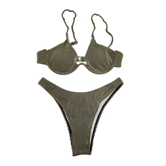 Striped Olive Green Womens Swimsuit Bikini Set Padded Top High-Cut Bottoms SZ M - Picture 1 of 5